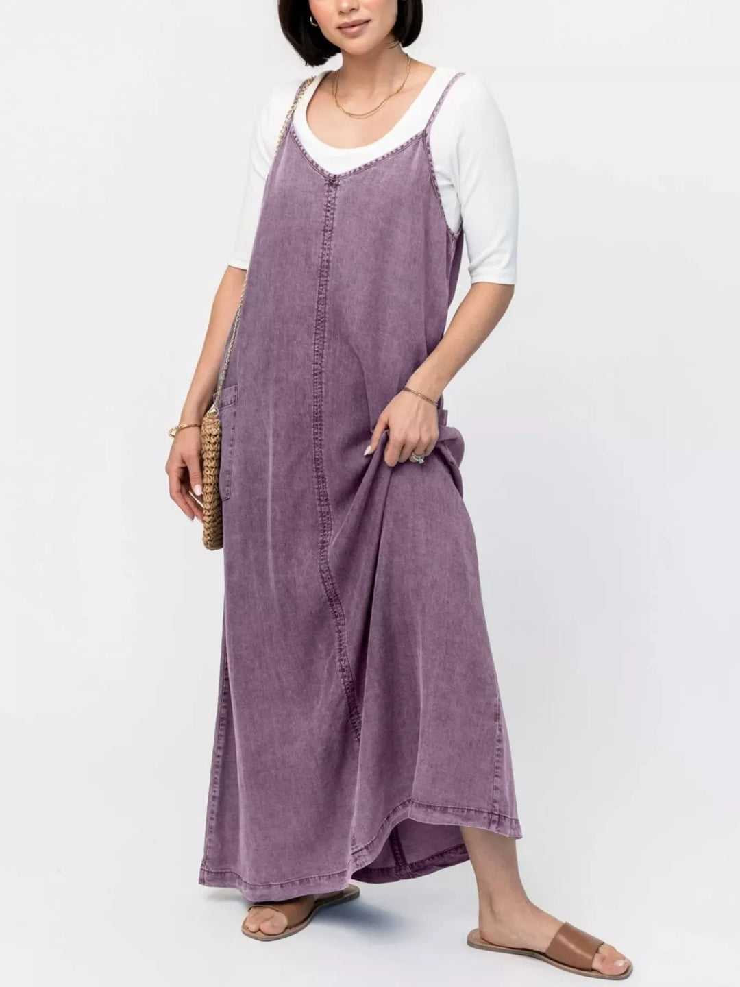 Gray Purple Washed denim cami maxi dress with side pockets