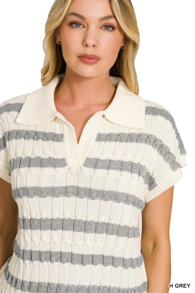 Striped ribbed knit collared short-sleeve sweater