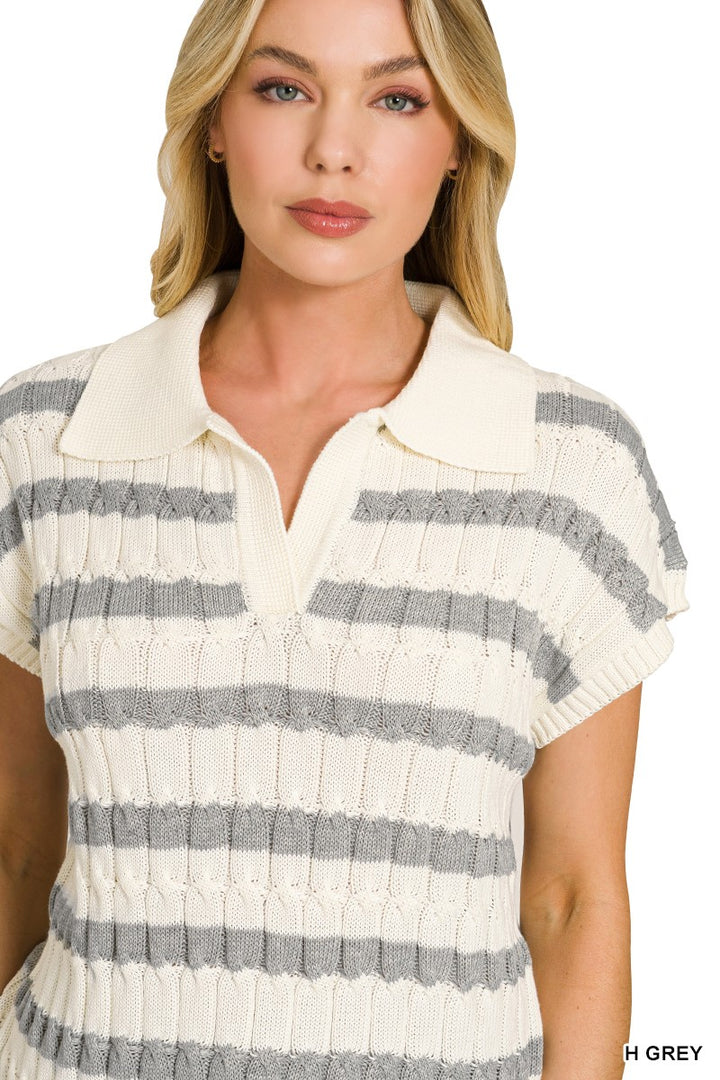 Striped ribbed knit collared short-sleeve sweater