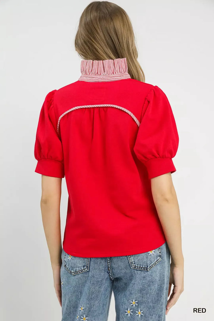 Contrast striped collar puff sleeve popover top