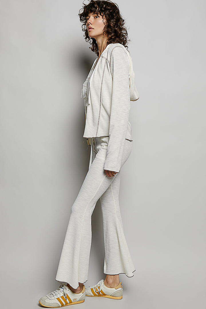 Ribbed knit flare pants with drawstring waist and patch pockets