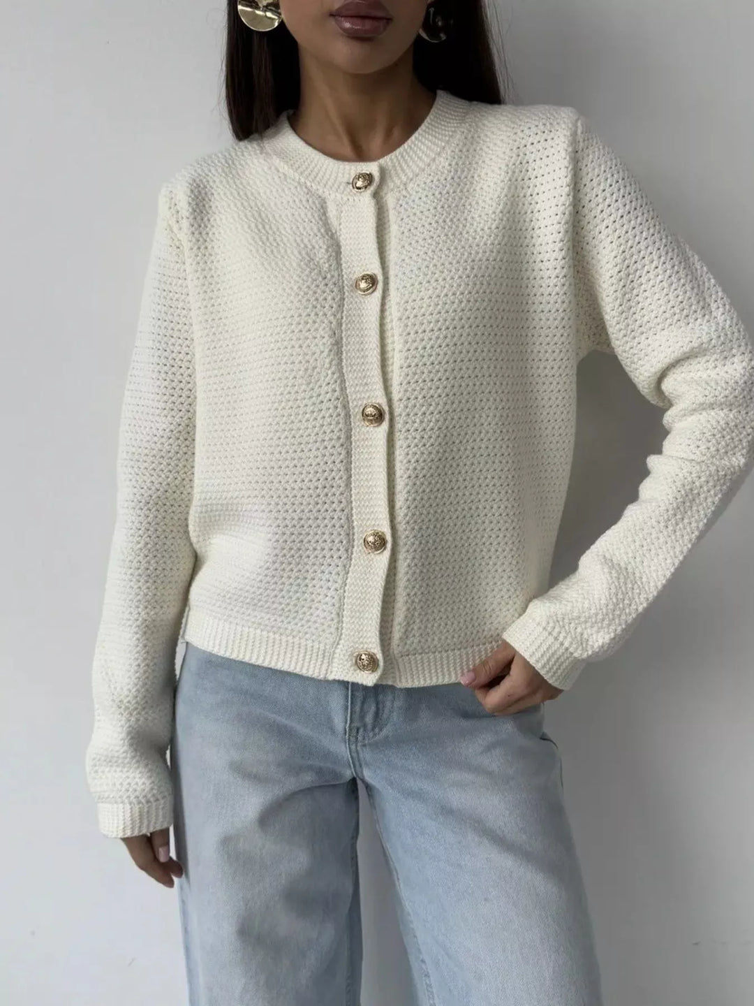 White Textured waffle-knit button-up cardigan with gold buttons