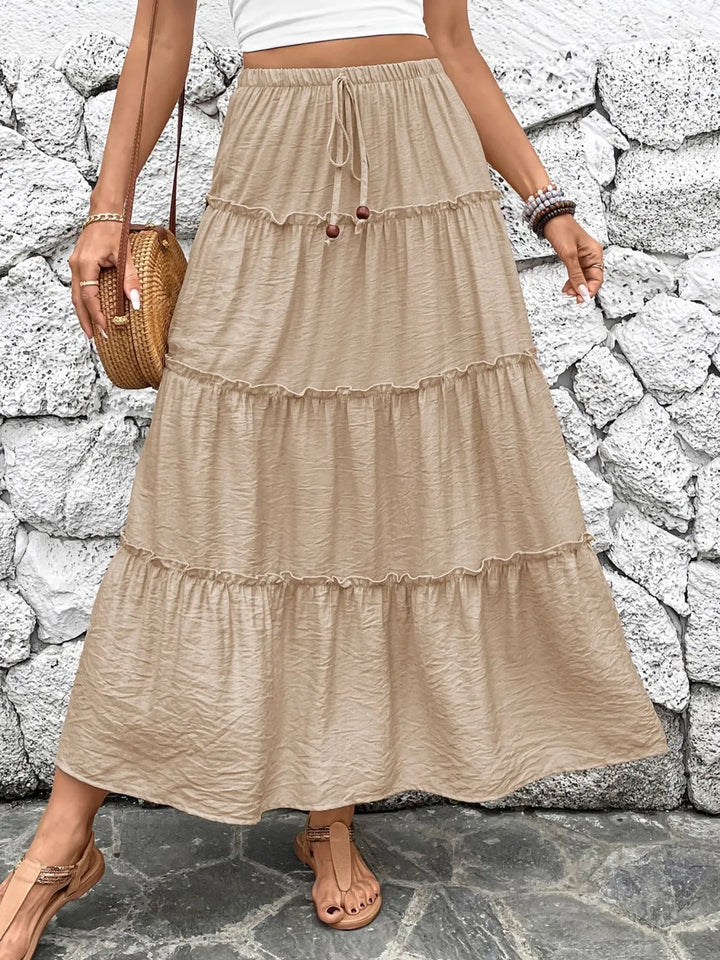 Tiered ruffle maxi skirt with drawstring tie waist