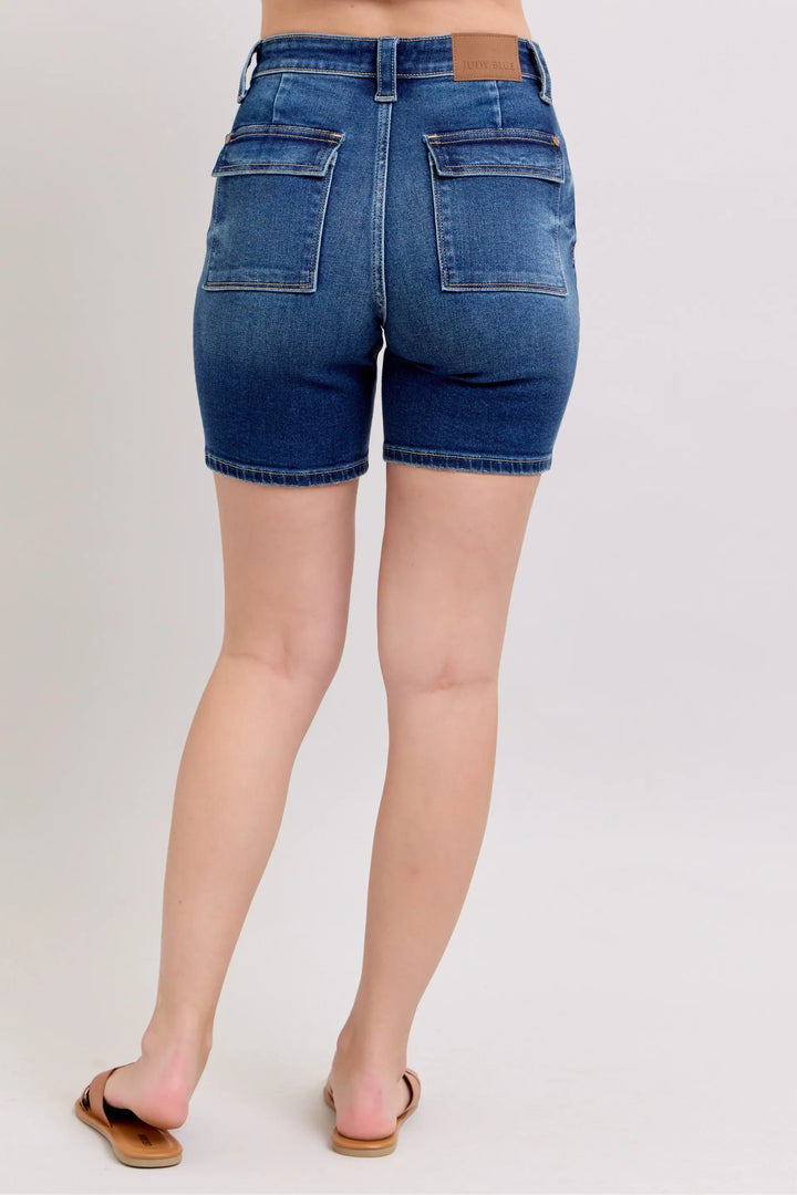 High-rise Bermuda denim shorts with back flap pockets