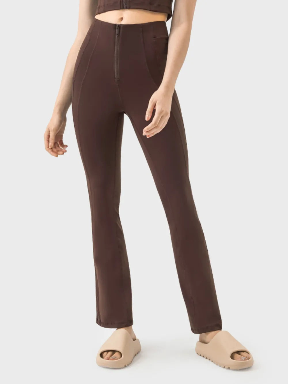Chocolate High-waist flare active pants with front zip detail