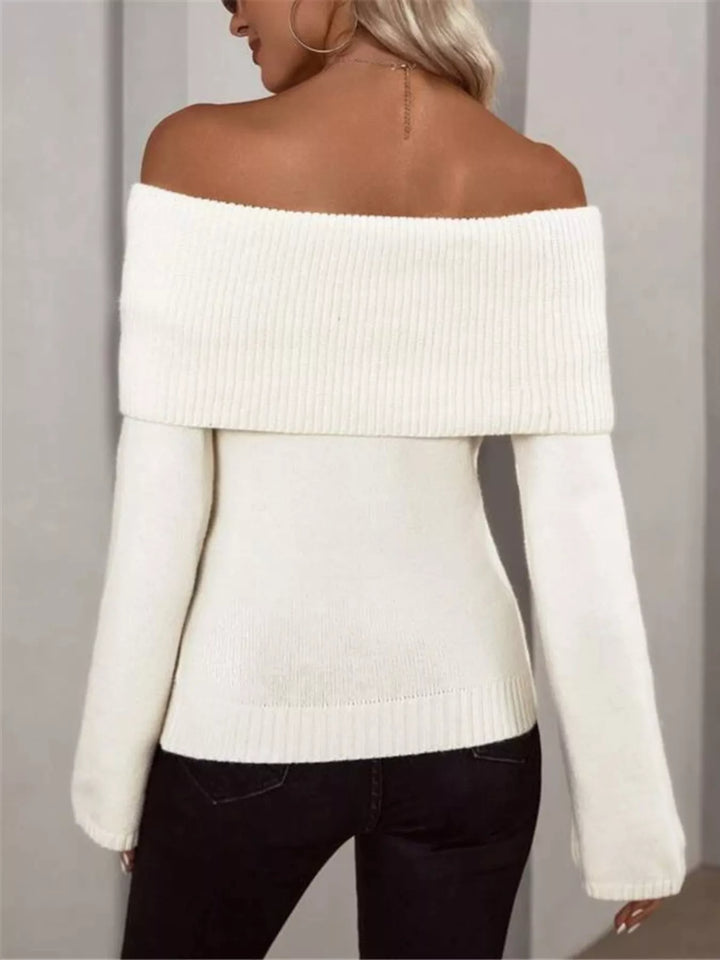 Off-shoulder foldover ribbed knit sweater