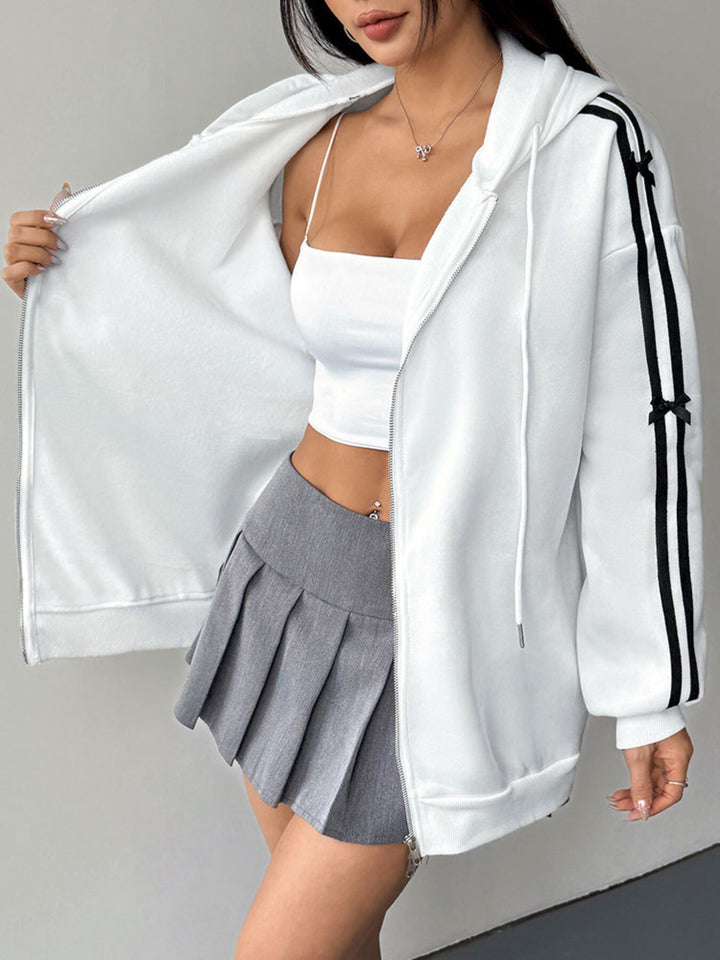 Zip-up hoodie with striped sleeves and bow detail