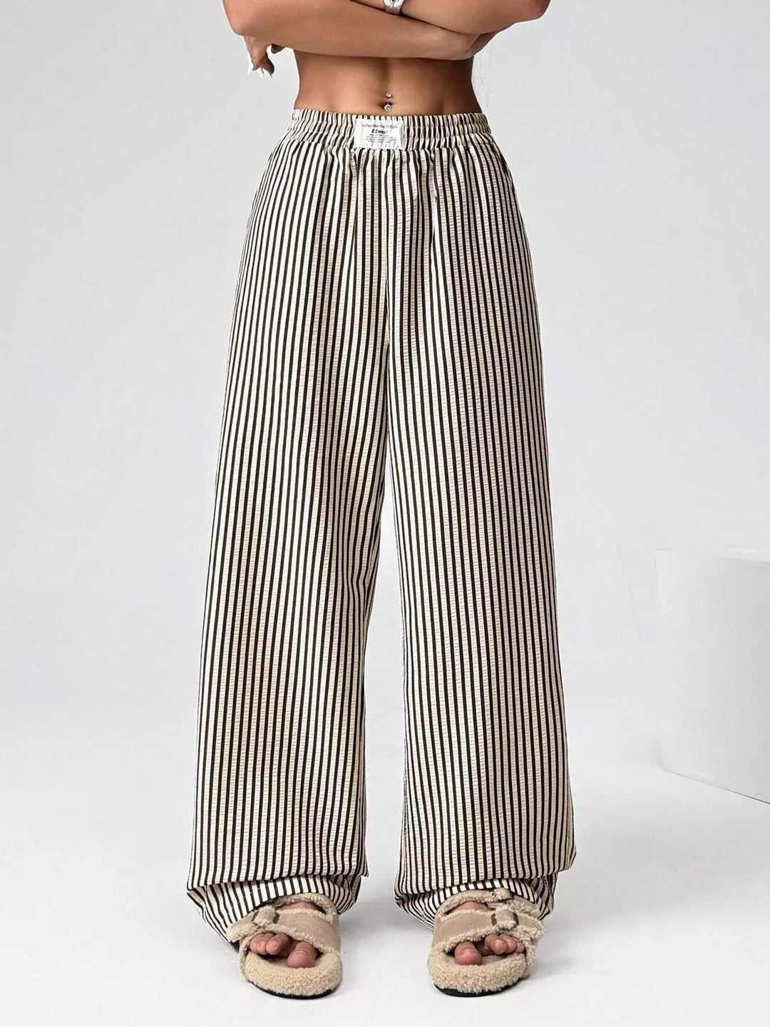 Striped high-waist wide-leg pants with drawstring
