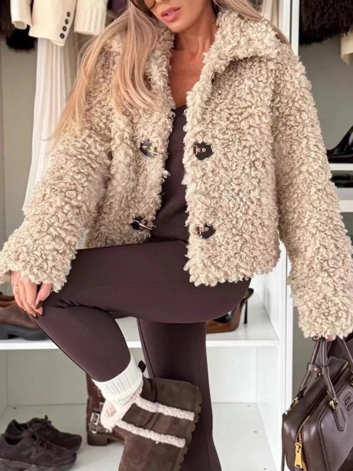 Cropped sherpa toggle-button jacket with spread collar