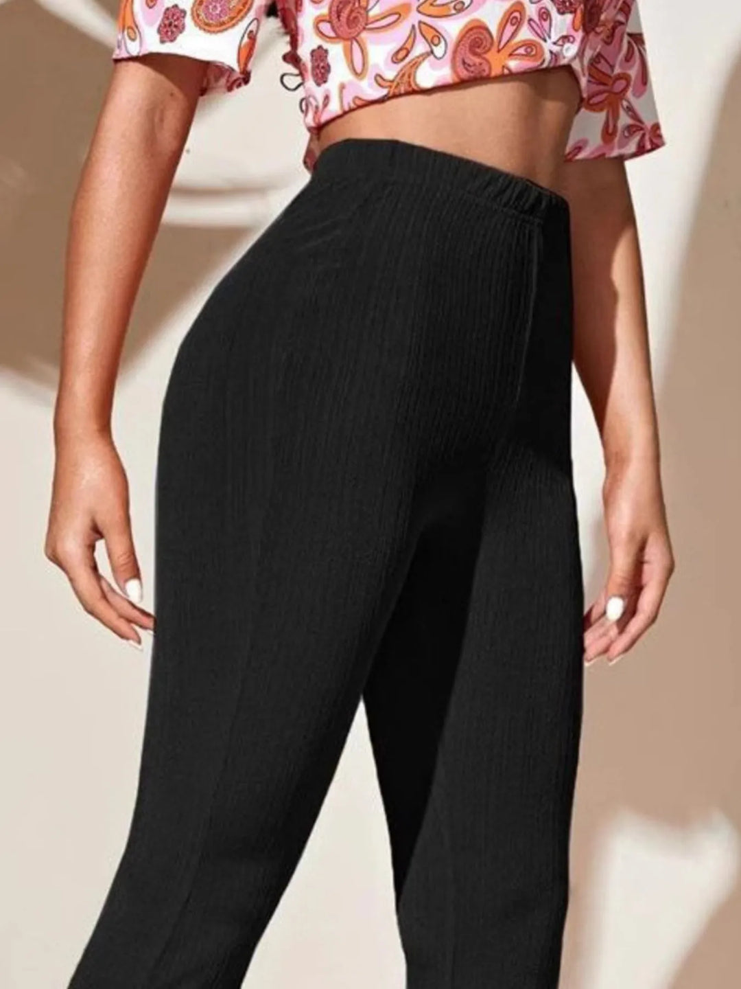 Ribbed knit high-waist flare pants with stretch