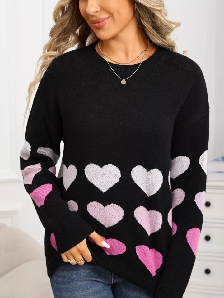 Black Heart pattern crew neck sweater with ribbed cuffs