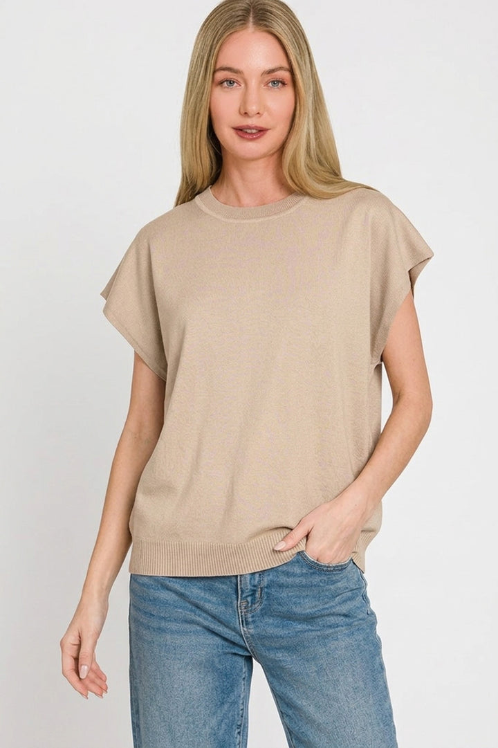 Ribbed crew neck short sleeve knit sweater top