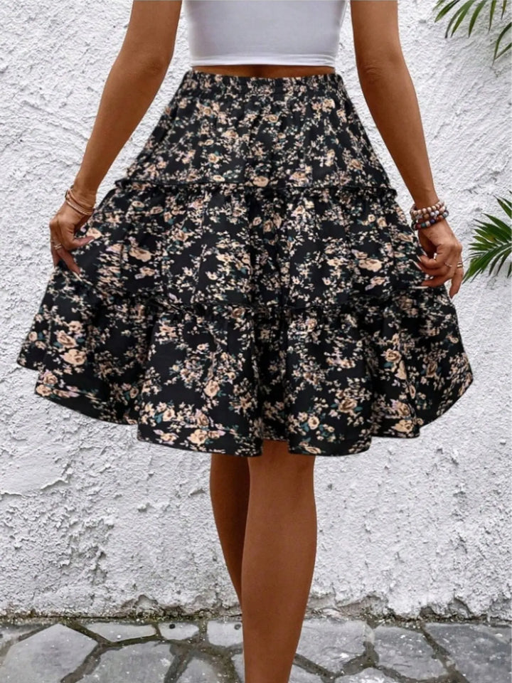 Black Floral print tiered ruffle mini skirt