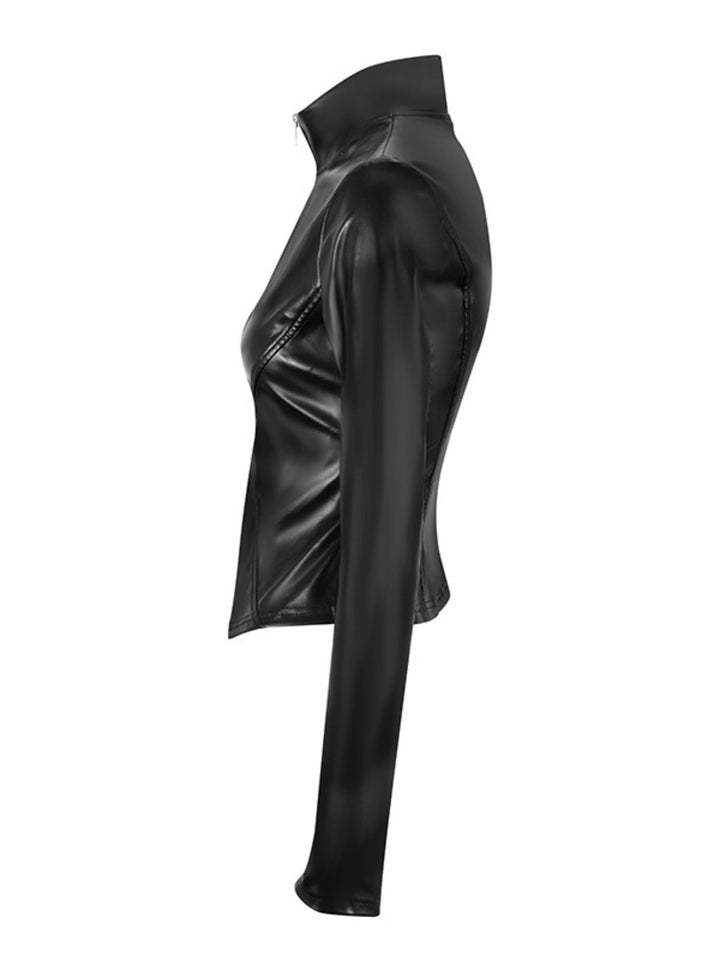 Fitted faux-leather jacket with stand collar and zip front