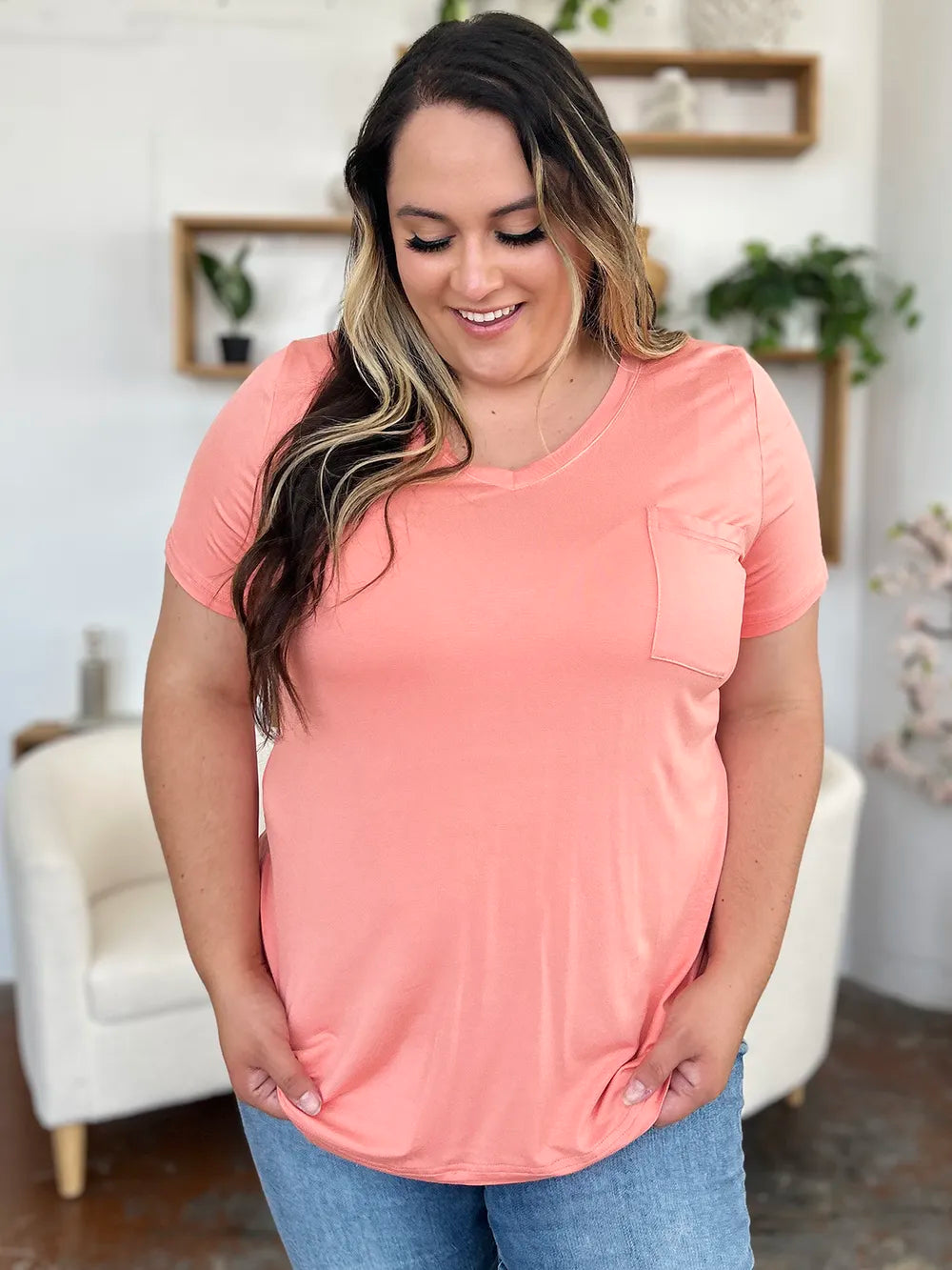V-neck short sleeve bamboo tee with chest pocket