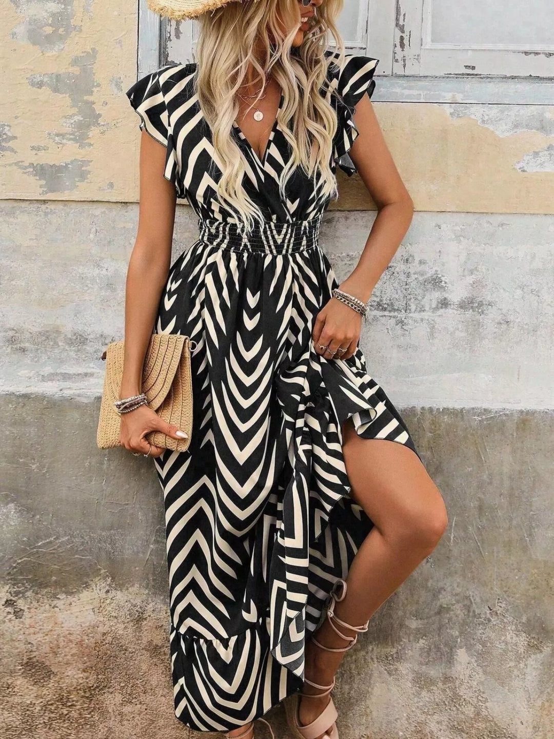 Geometric print midi dress with cap sleeves and smocked waist