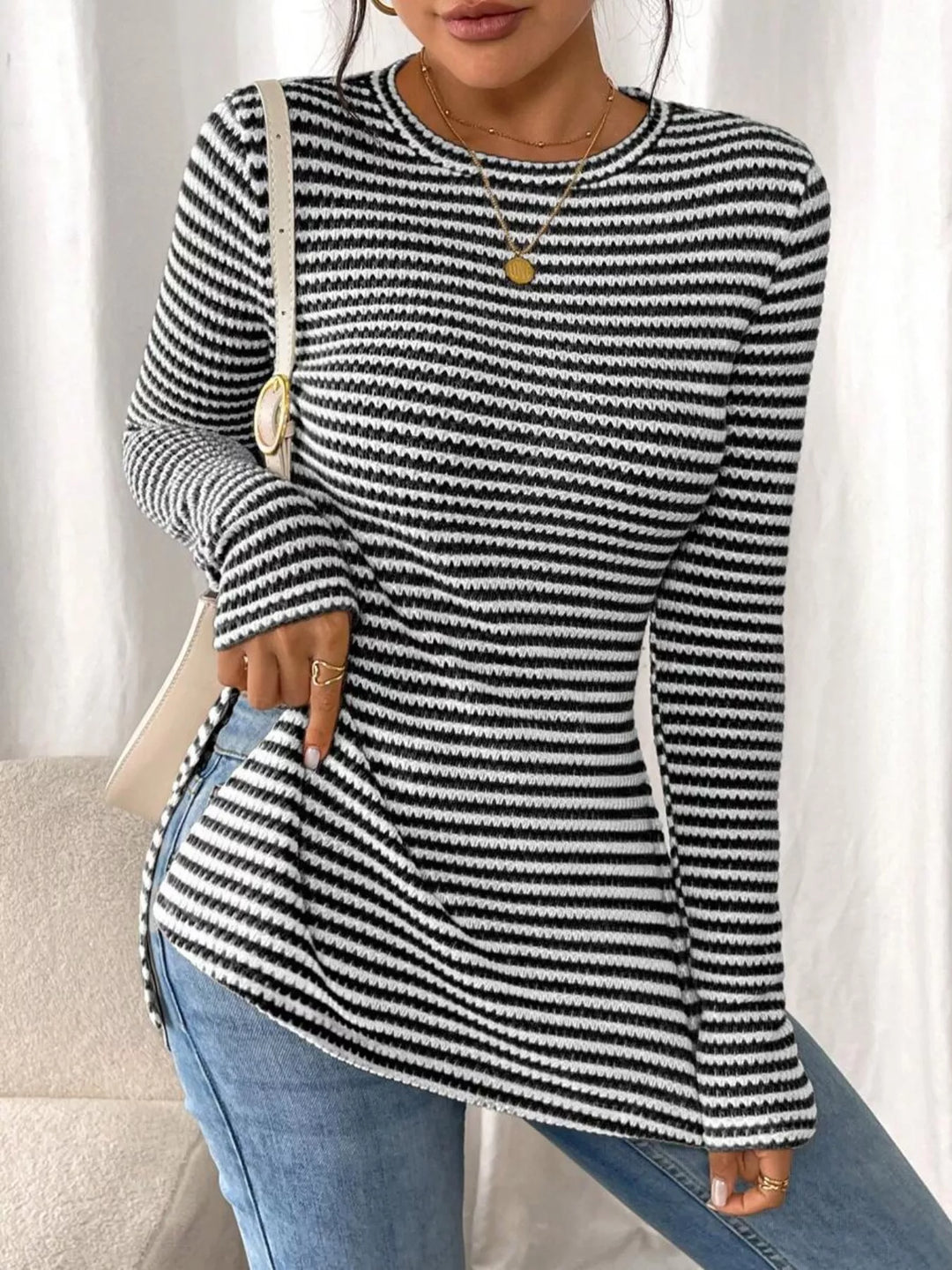 Slit-hem striped textured knit long sleeve top