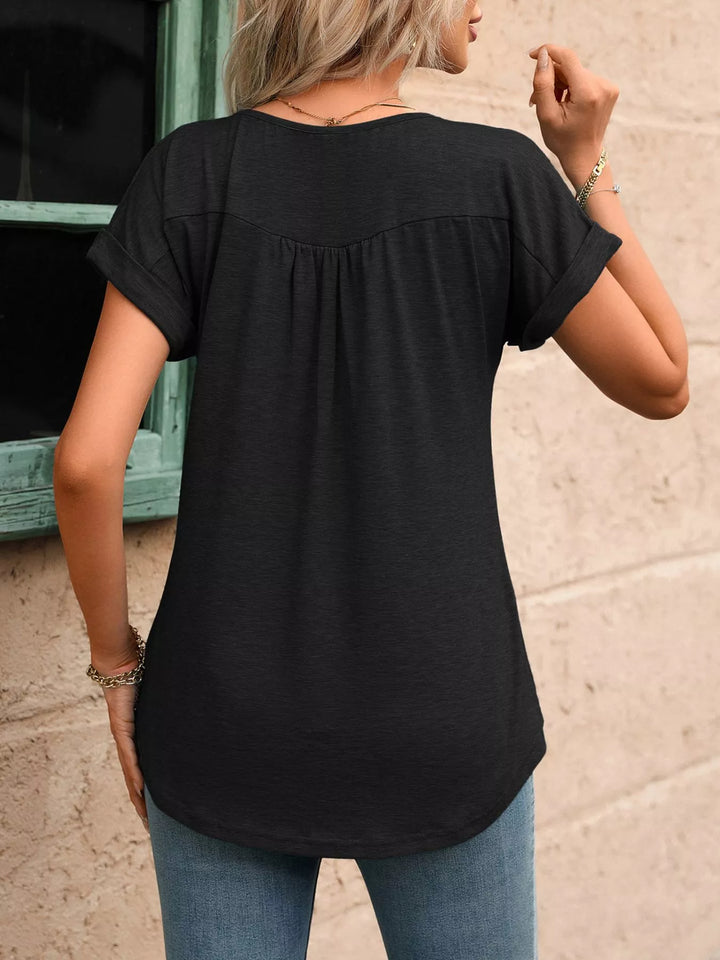 Ruched button-placket henley top with cap sleeves