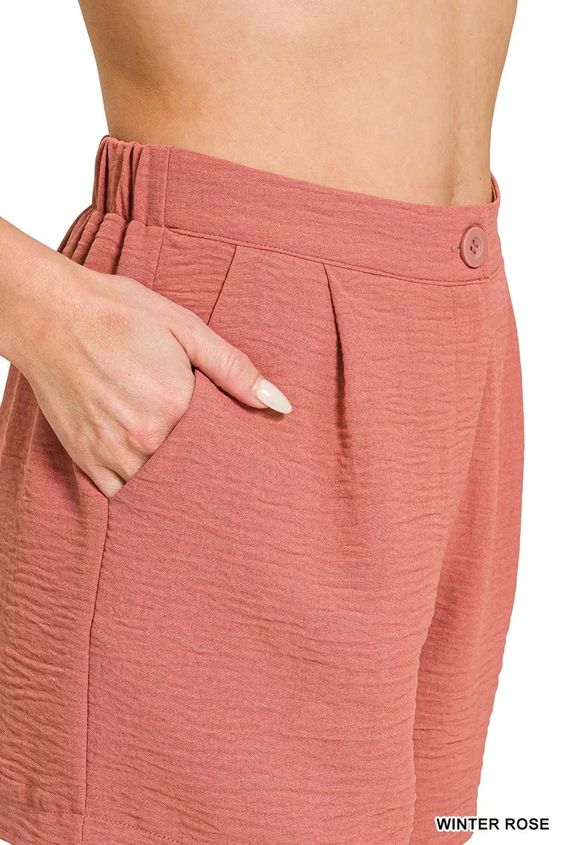 Pleated woven shorts with back elastic waist and pockets