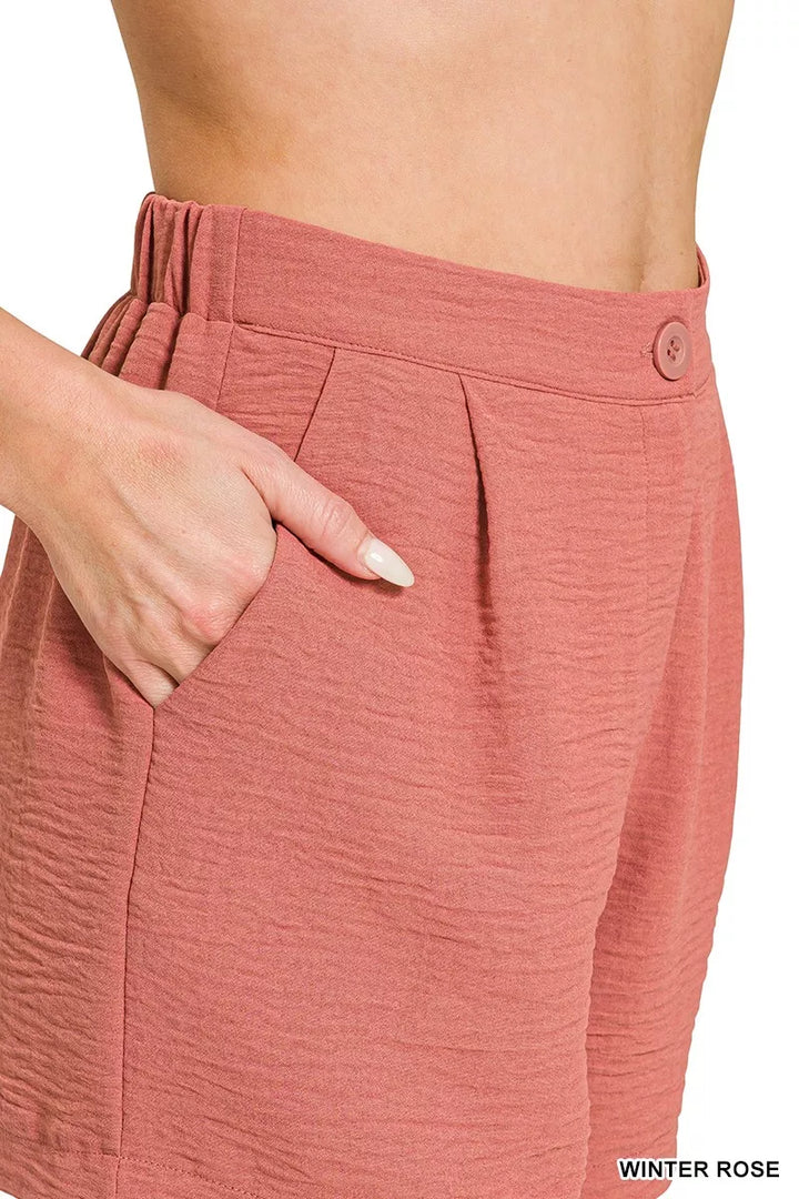 Pleated woven shorts with back elastic waist and pockets