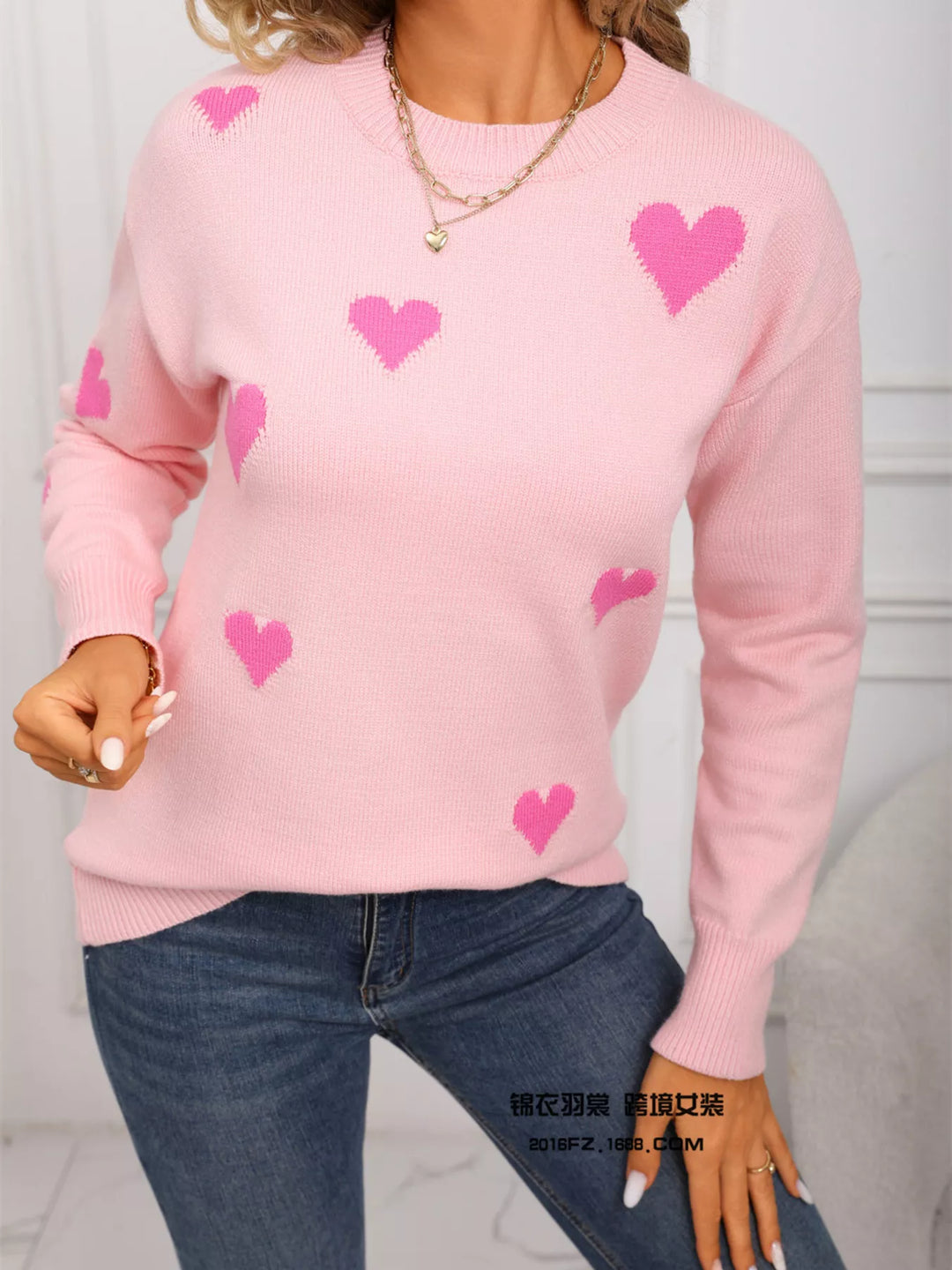 Contrast heart knit crewneck pullover sweater