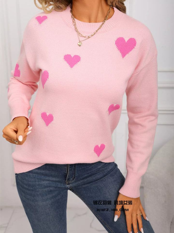 Contrast heart knit crewneck pullover sweater