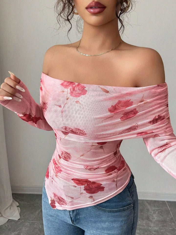 Sheer floral mesh off-shoulder top with ruched sides