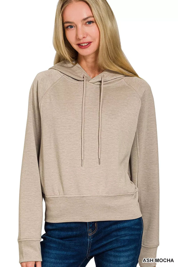 ASH MOCHA Drawstring scuba pullover hoodie with raglan sleeves
