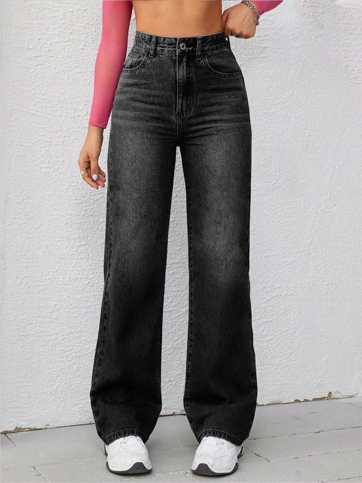 Black High-rise wide-leg washed jeans with whiskering