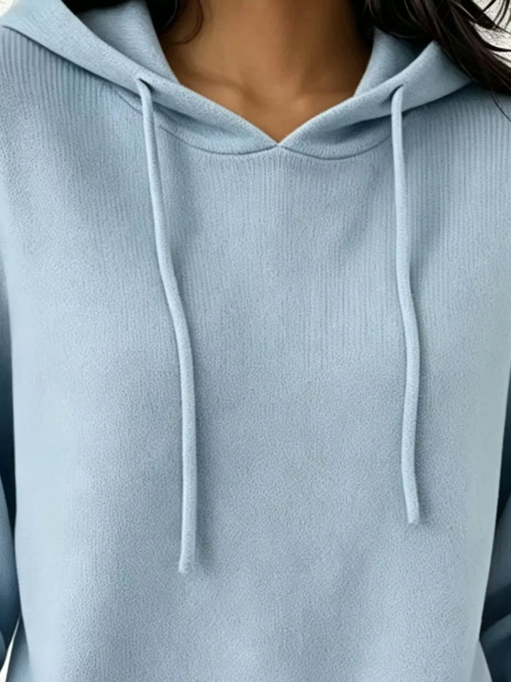 Drawstring hooded knit pullover sweater with ribbed trim