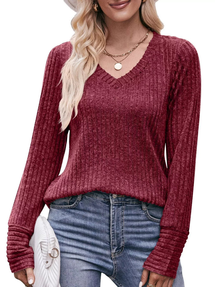 Burgundy Ribbed knit V-neck long sleeve top