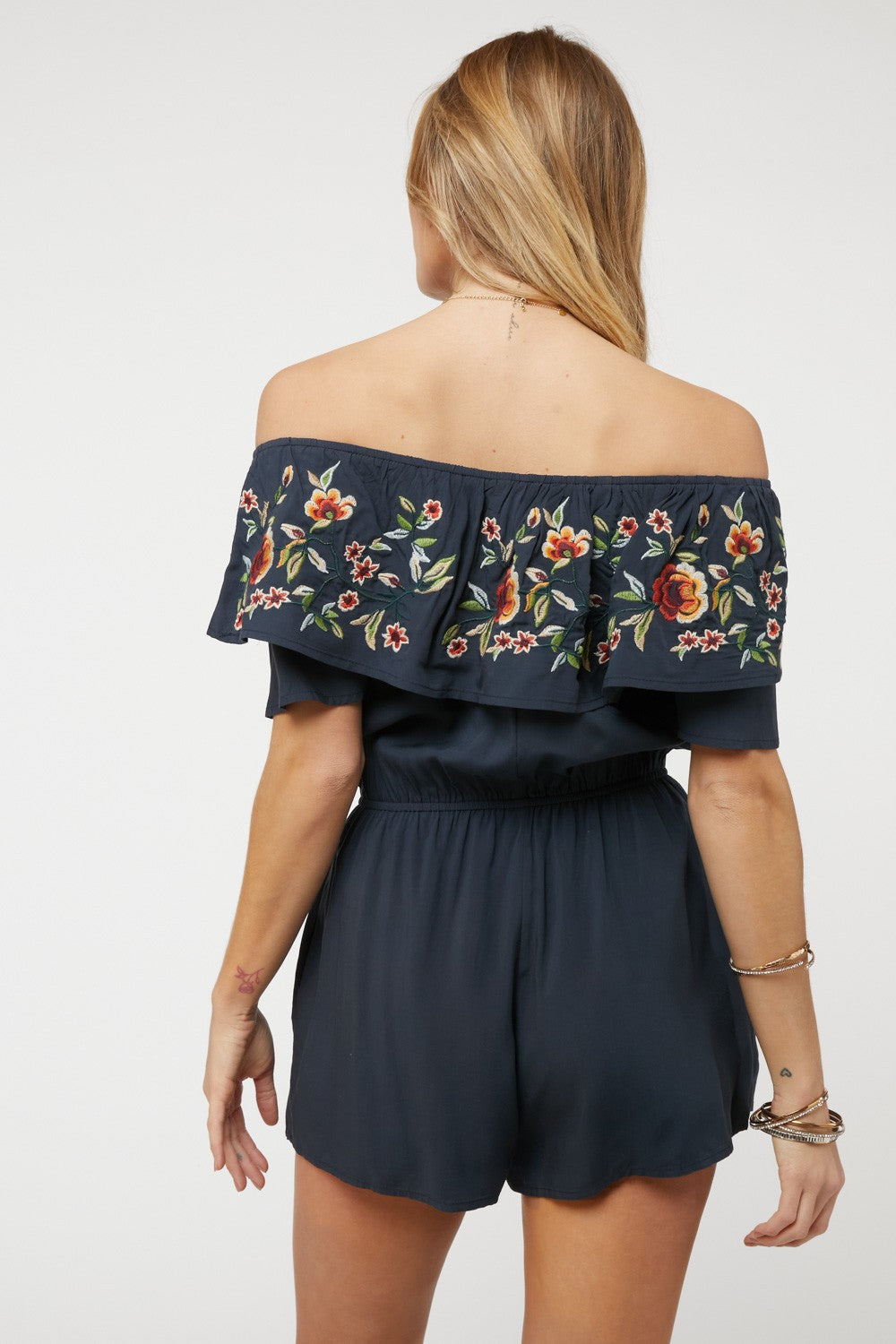 Floral Embroidered Off Shoulder Romper - Azoroh