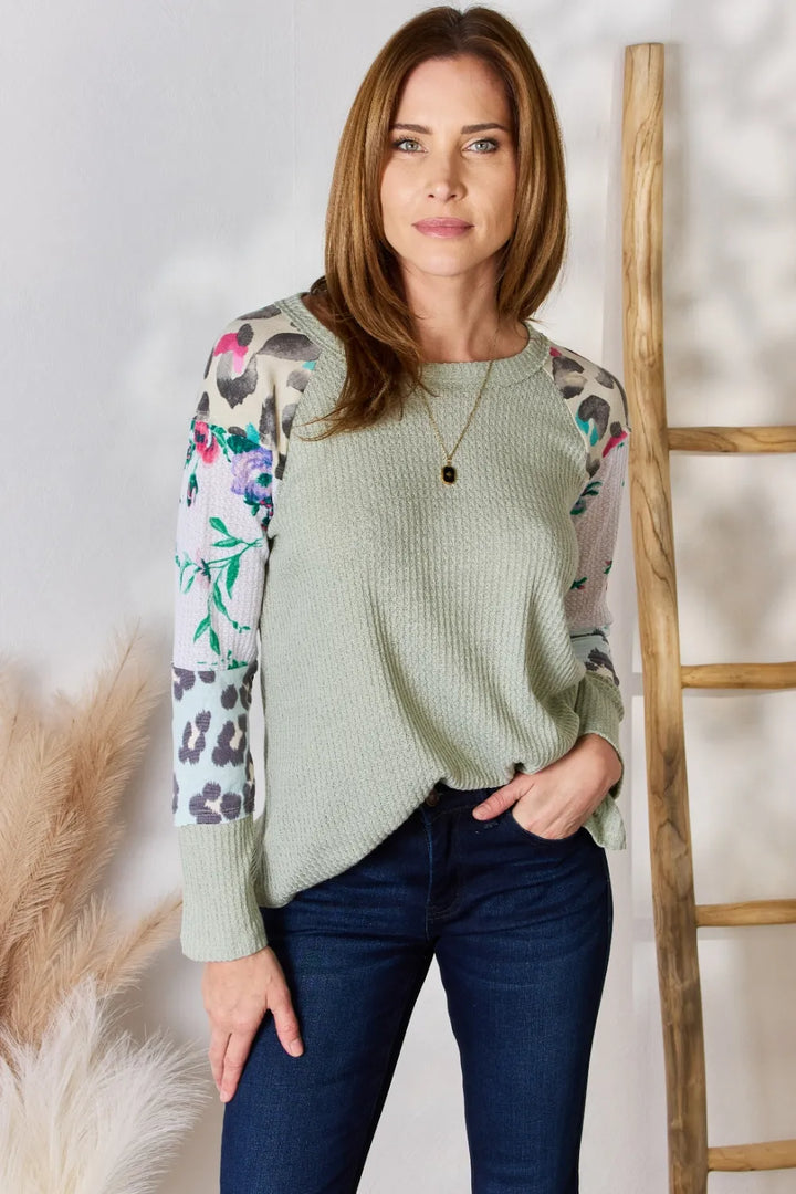 SAGE Waffle knit top with floral and leopard print sleeves