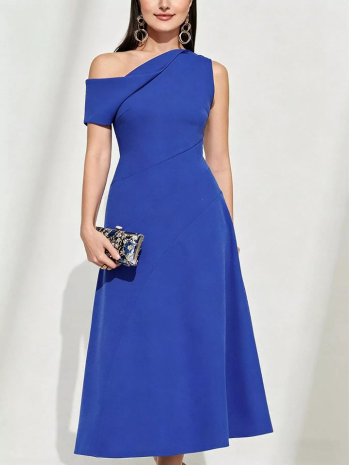 One-shoulder pleated midi dress with asymmetric neckline