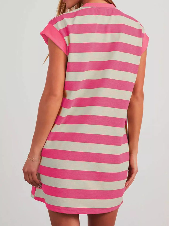 Striped cap sleeve mini dress with side pockets