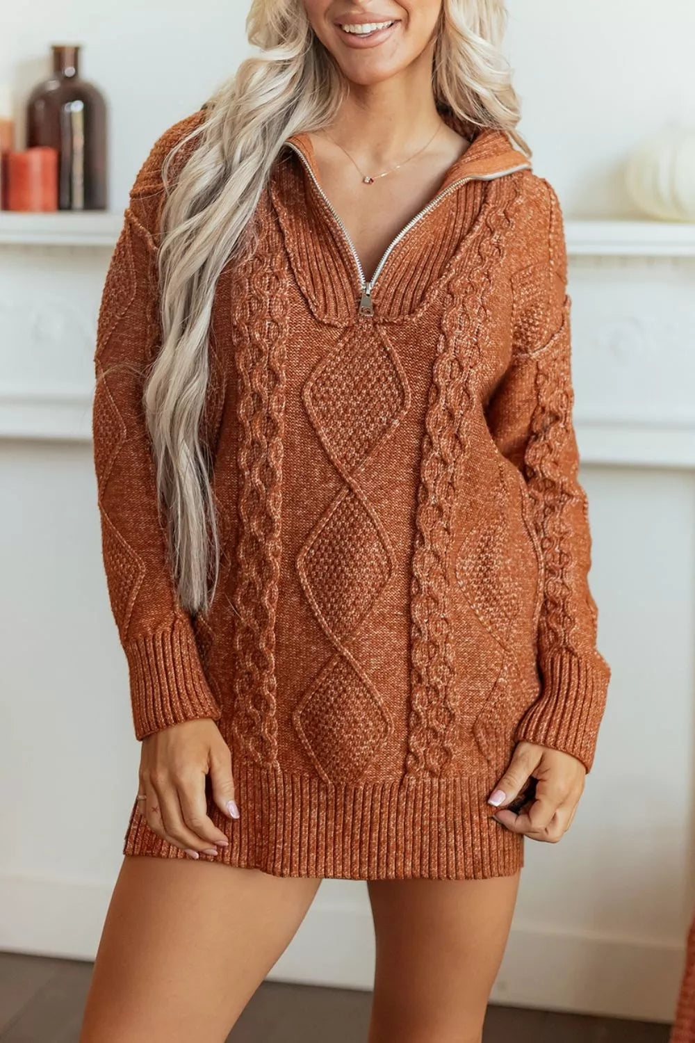 Cable knit quarter-zip mini sweater dress with drop shoulders
