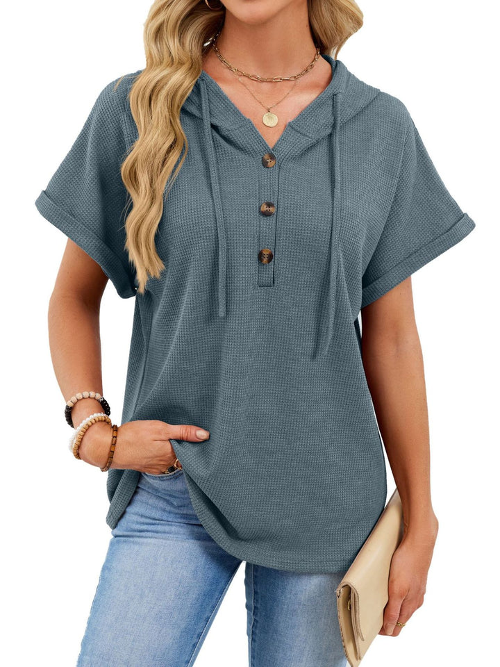 Blue Gray Waffle knit short-sleeve hoodie with button placket