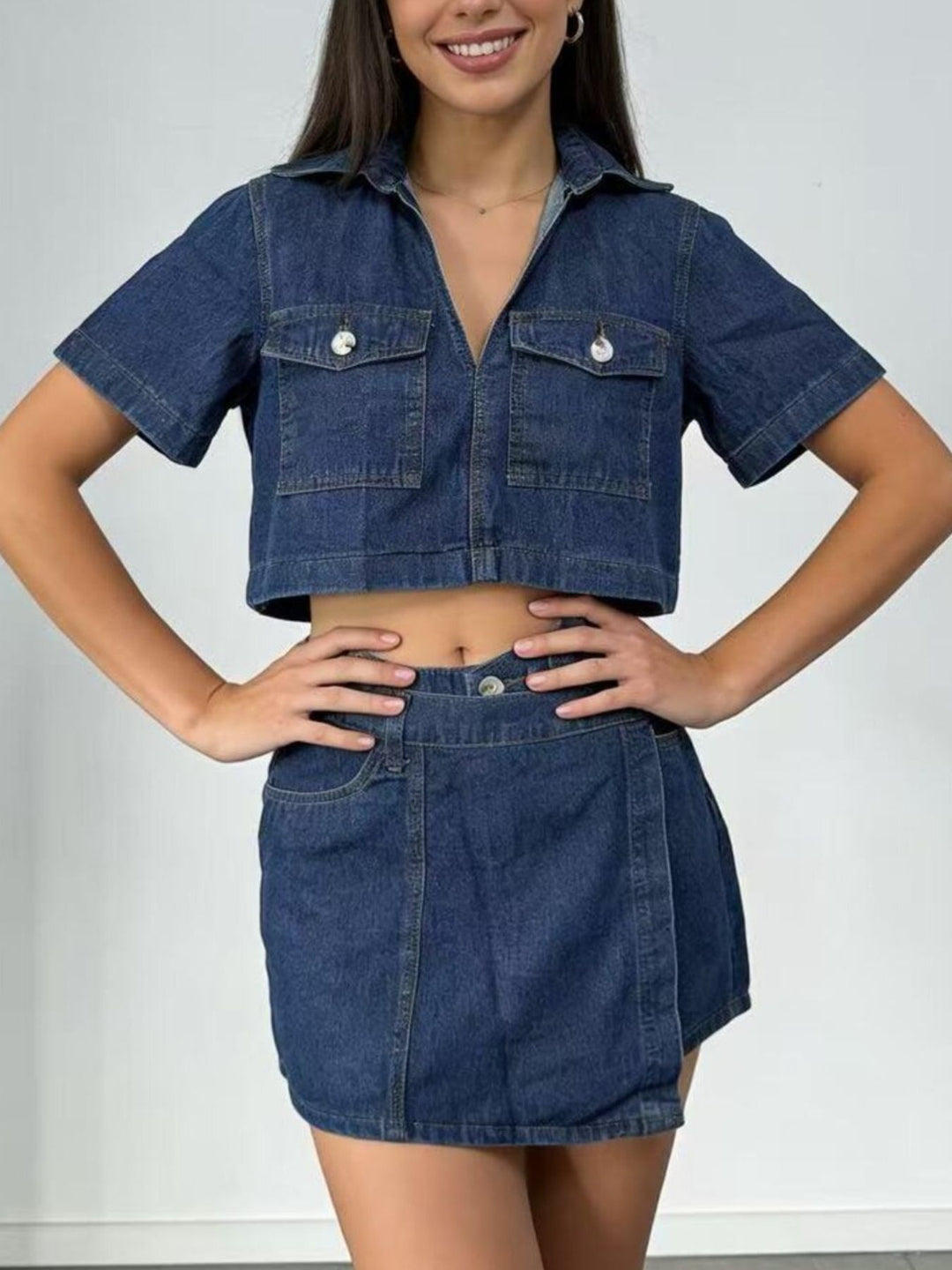 Medium Cropped denim button-up top and mini skort set