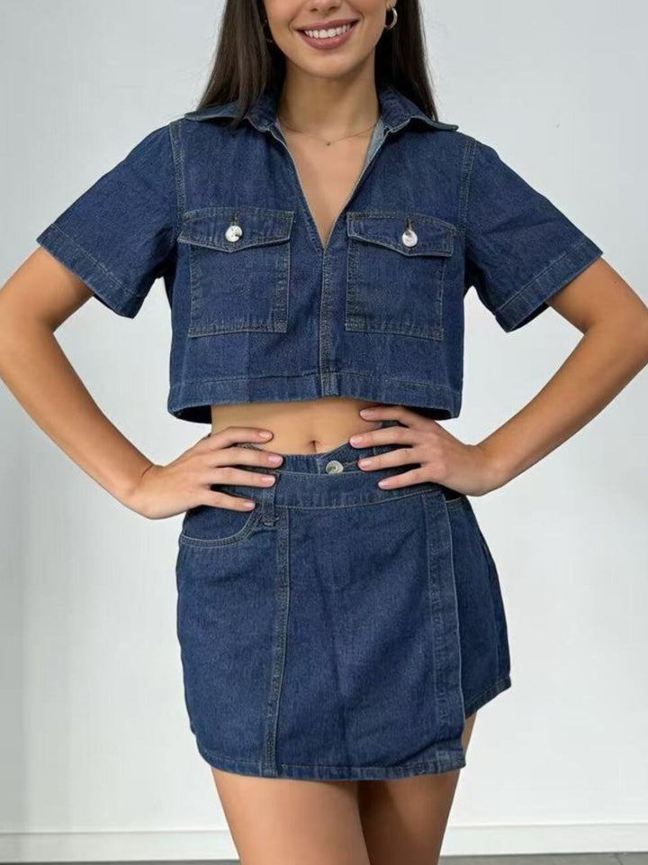 Medium Cropped denim button-up top and mini skort set