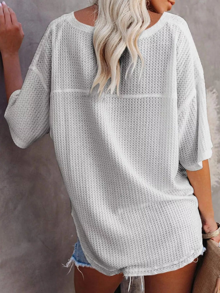 Waffle knit v-neck drop shoulder short sleeve tee