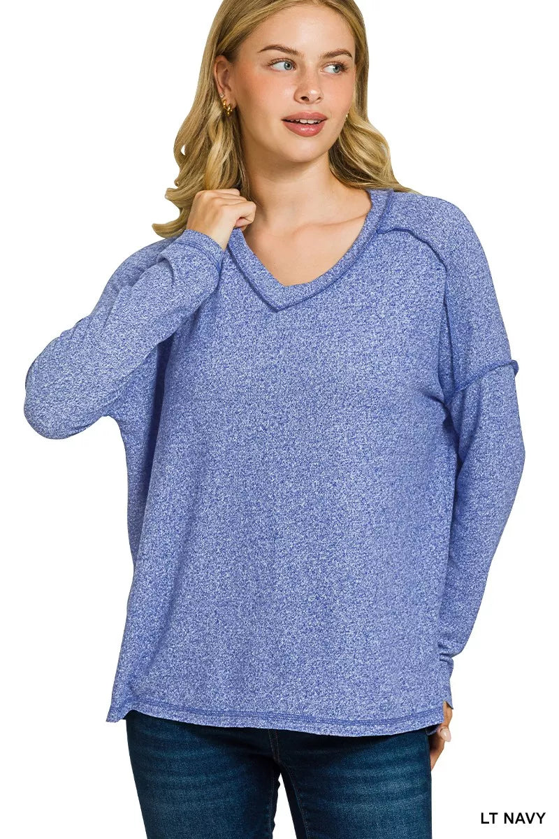 LT NAVY Exposed-seam melange knit hi-low long sleeve top