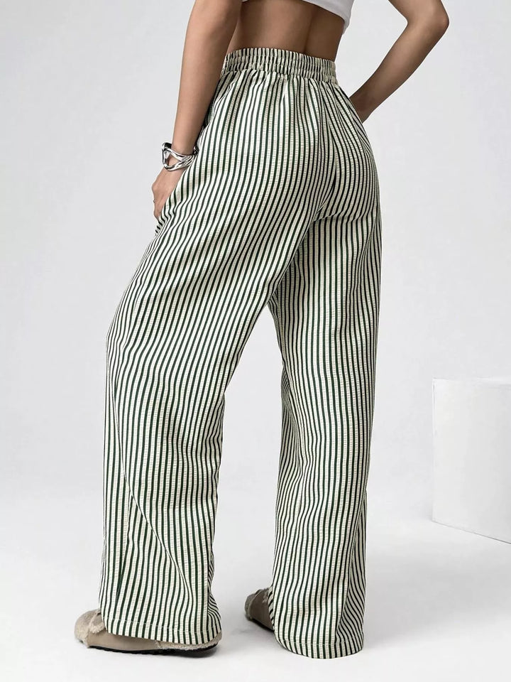 Striped high-waist wide-leg pants with drawstring
