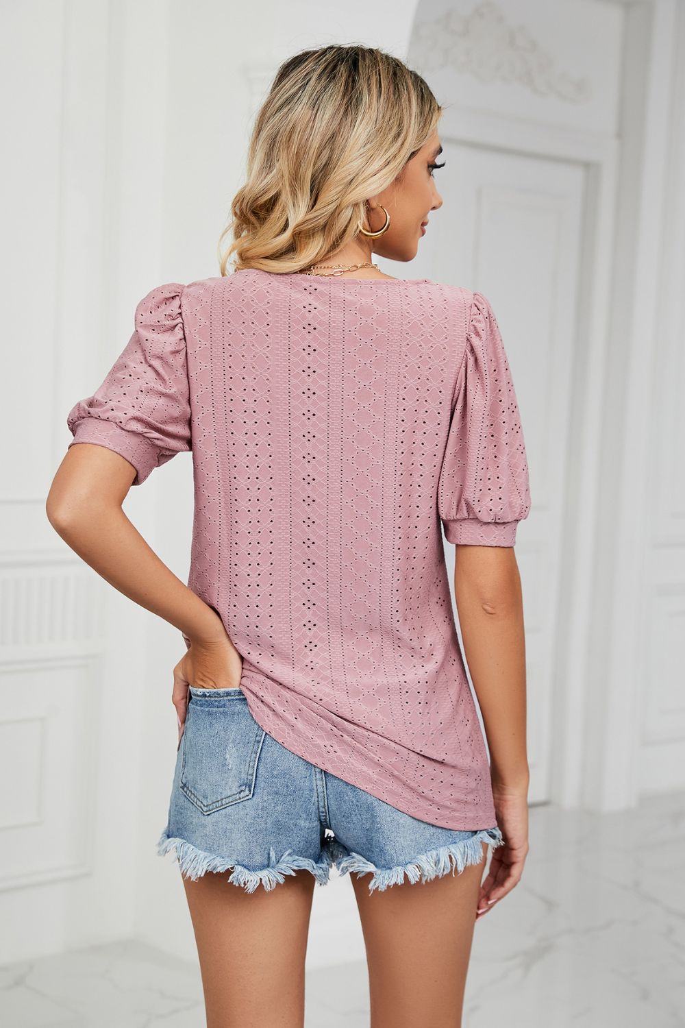 Eyelet puff sleeve top with scoop neckline