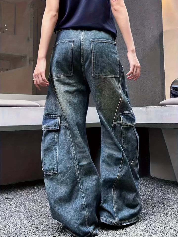 Distressed vintage wash wide leg cargo jeans