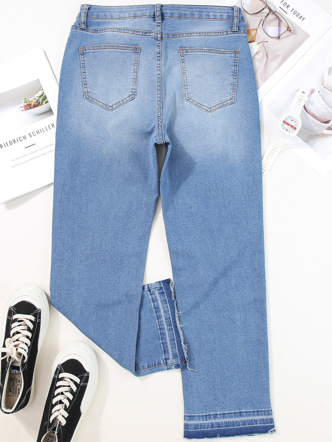 High-rise whiskered wash raw hem cropped jeans