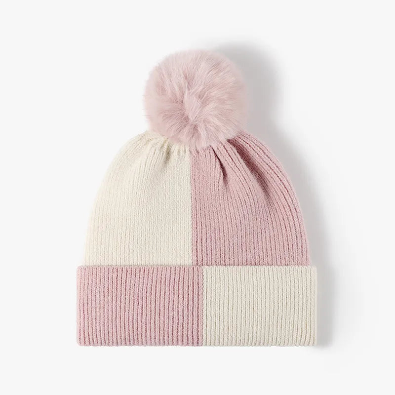 Blush Pink Color block ribbed knit beanie with faux fur pom-pom