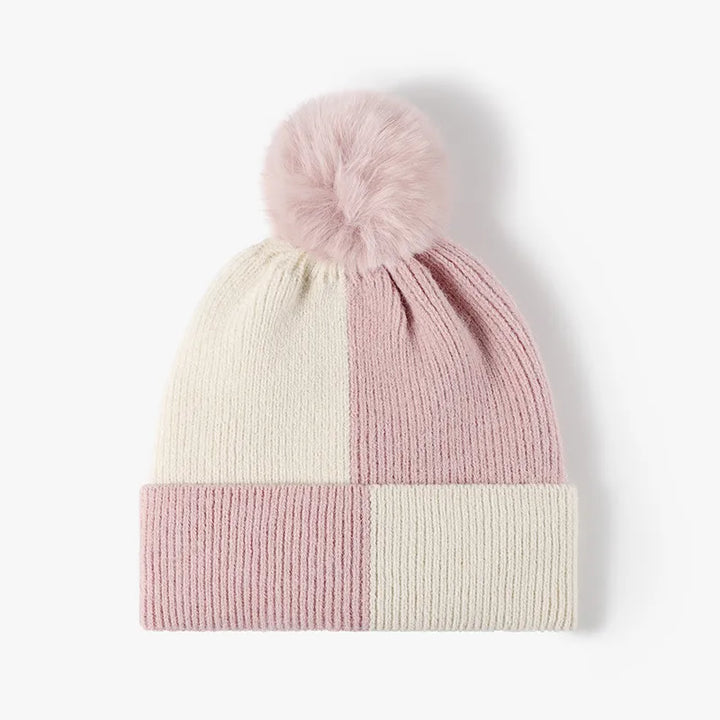 Blush Pink Color block ribbed knit beanie with faux fur pom-pom
