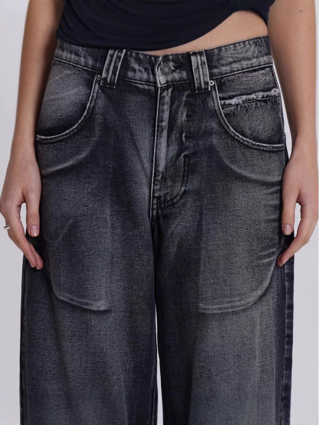 Vintage wash mid-rise wide leg jeans with panel seams