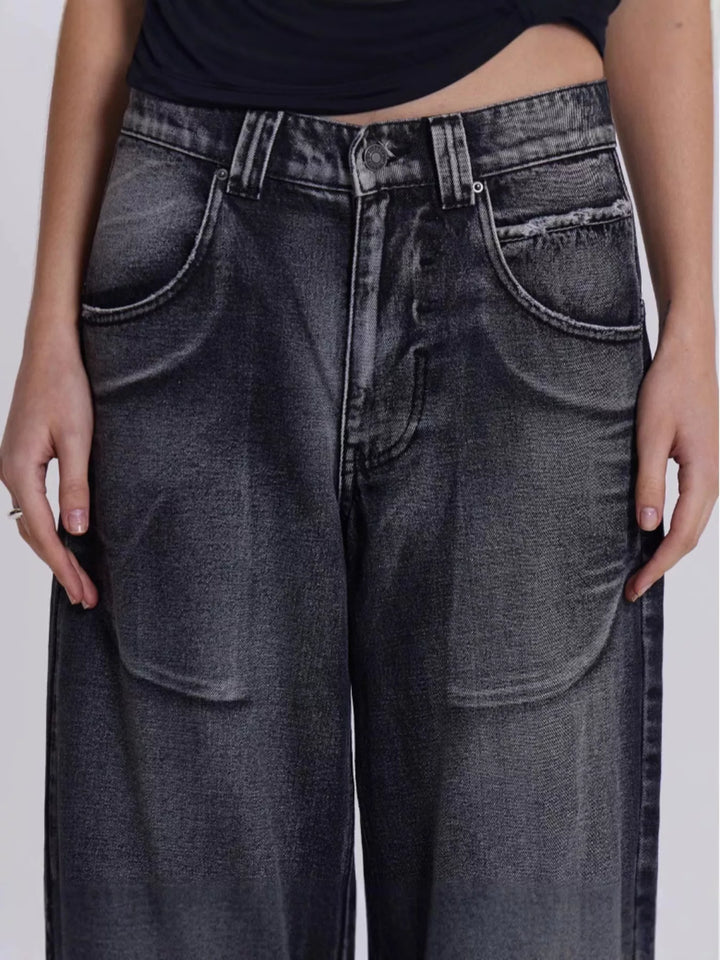 Vintage wash mid-rise wide leg jeans with panel seams