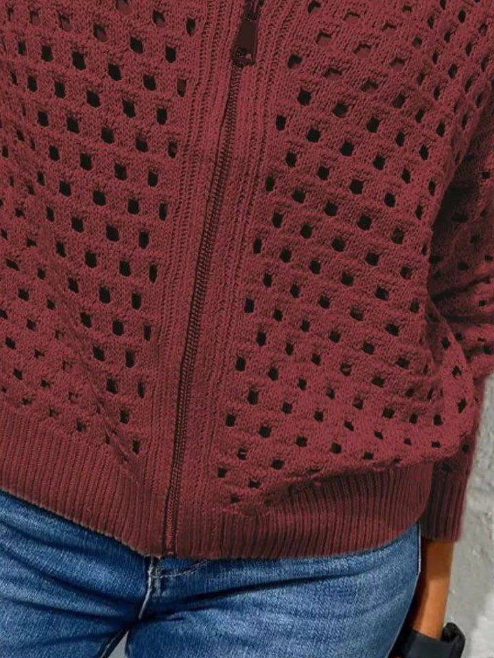 Open-knit zip-up bomber cardigan with ribbed trim